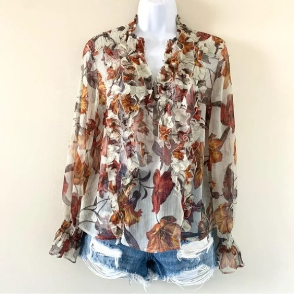 Zara Women’s Blouse Fall Leaf Ruffle Long Sleeve Peasant Flutter Sleeve Sheer M - Picture 10 of 16